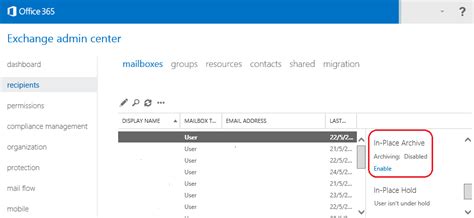 enable in place archive o365.